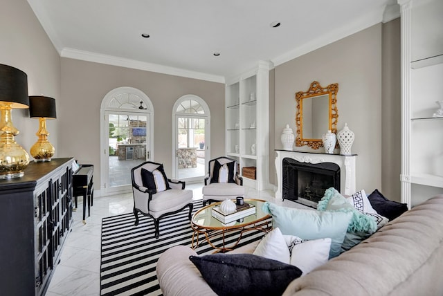 living area with recessed lighting, ornamental molding, baseboards, a high end fireplace, and built in features