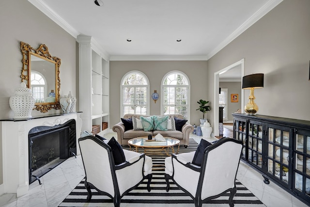 living area featuring marble finish floor, crown molding, and a premium fireplace
