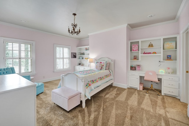 bedroom featuring baseboards, built in study area, crown molding, and light carpet