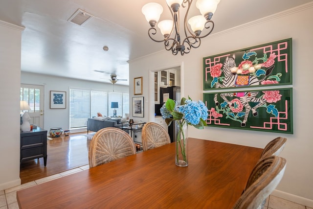 2209 Shell Ave, Midland, TX 79705 - tiled dining room with a chandelier, crown molding, baseboards, and a ceiling fan