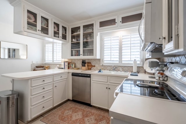 2209 Shell Ave, Midland, TX 79705 - kitchen with dishwasher, a sink, a peninsula, tasteful backsplash, and light countertops