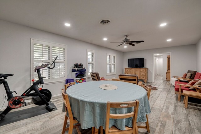 4003 Angelina Dr, Midland, TX 79705 - dining room featuring light wood-style floors, recessed lighting, a ceiling fan, and baseboards