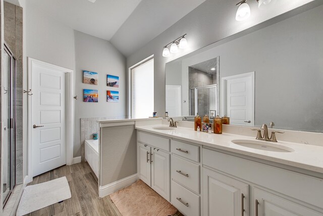 full bath with double vanity, a sink, a garden tub, and a shower stall