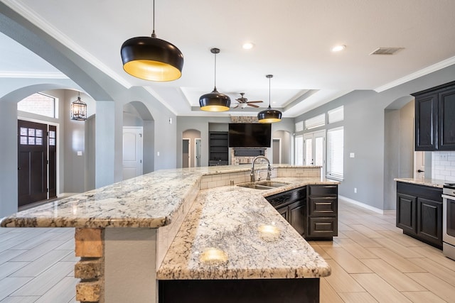 kitchen with a tray ceiling, a sink, ceiling fan, healthy amount of natural light, and recessed lighting