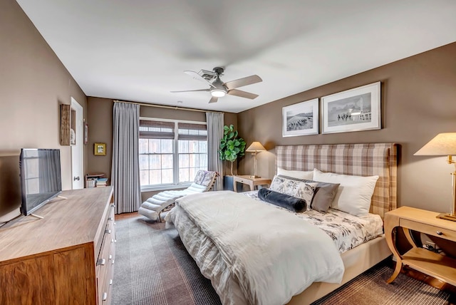 bedroom featuring carpet flooring and ceiling fan