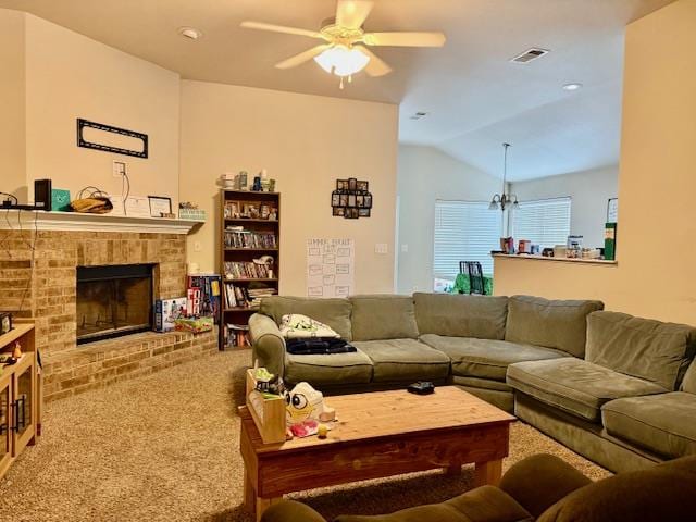 6712 Spur Dr, Midland, TX 79705 - living room with a ceiling fan, a fireplace, vaulted ceiling, and carpet floors