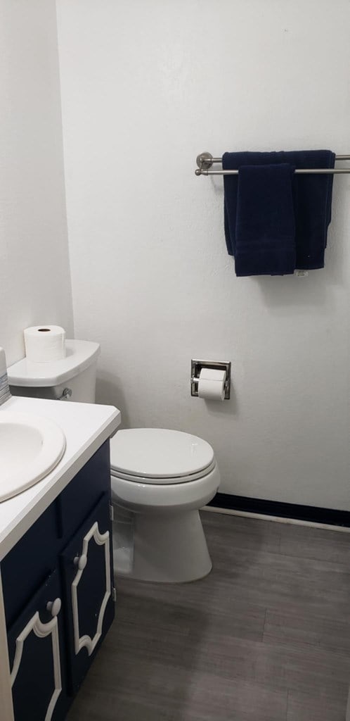 bathroom featuring vanity, hardwood / wood-style floors, and toilet