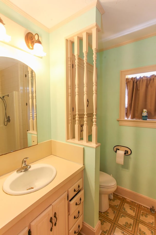 4610 Wasson Rd, Big Spring, TX 79720 - full bathroom featuring vanity, ornamental molding, tile patterned floors, and a shower