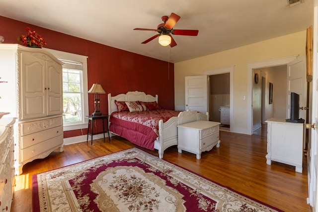 bedroom featuring hardwood / wood-style floors and ceiling fan