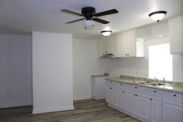 kitchen featuring dark wood-type flooring, sink, white cabinetry, a textured ceiling, and ceiling fan