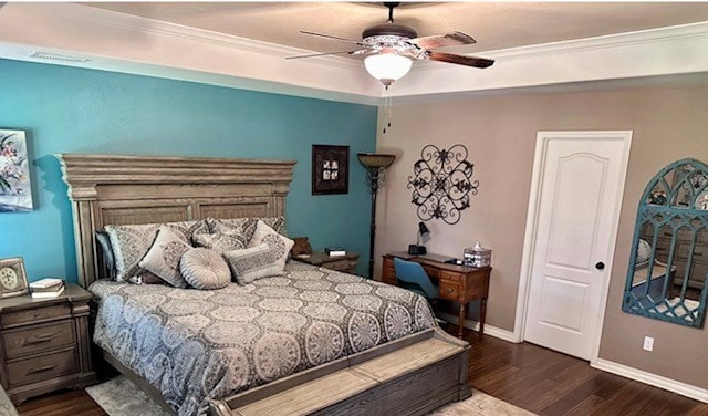 3113 San Pedro Dr, Odessa, TX 79765 - bedroom with dark wood finished floors, baseboards, ceiling fan, and ornamental molding