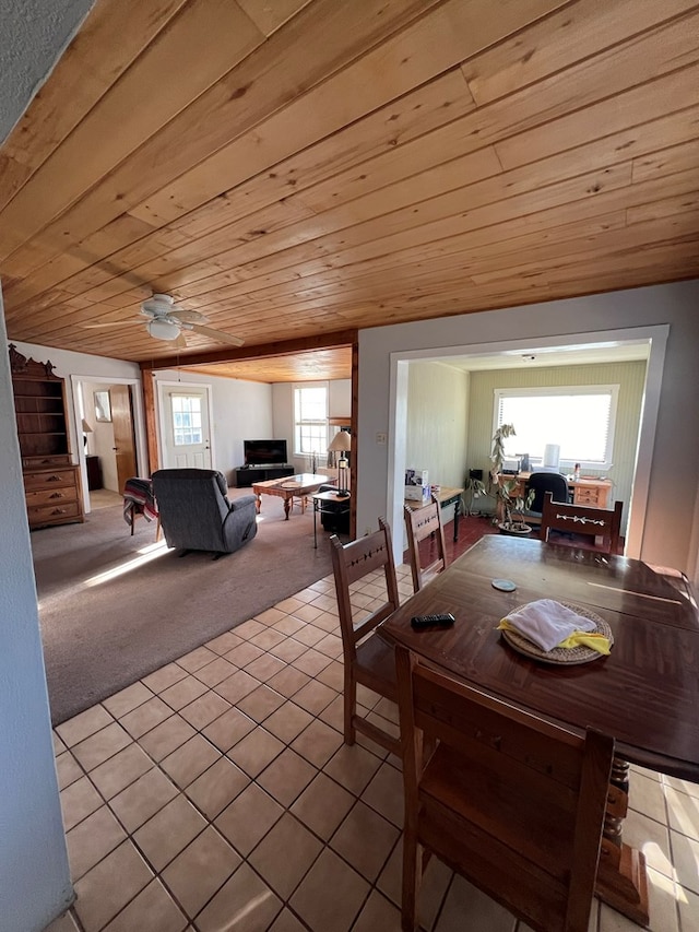 carpeted dining room featuring ceiling fan, lofted ceiling, and wood ceiling