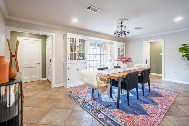 dining area with a chandelier, baseboards, ornamental molding, recessed lighting, and light stone finish floors