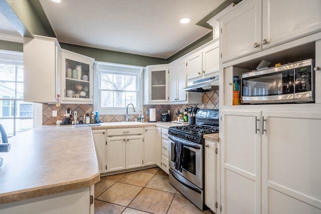 kitchen featuring stainless steel appliances, under cabinet range hood, light countertops, a sink, and decorative backsplash