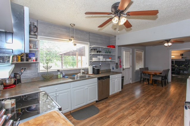 kitchen featuring stainless steel dishwasher, open shelves, a sink, and a ceiling fan