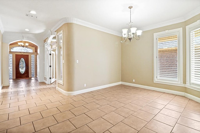 entrance foyer with crown molding, light tile patterned flooring, and an inviting chandelier