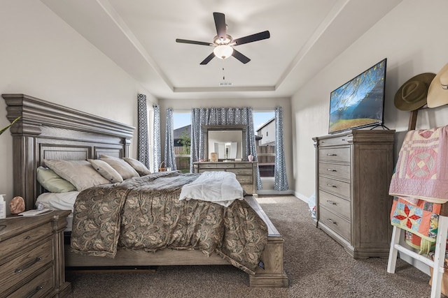 8421 E County Rd 115, Midland, TX 79706 - carpeted bedroom with a tray ceiling, a ceiling fan, and baseboards