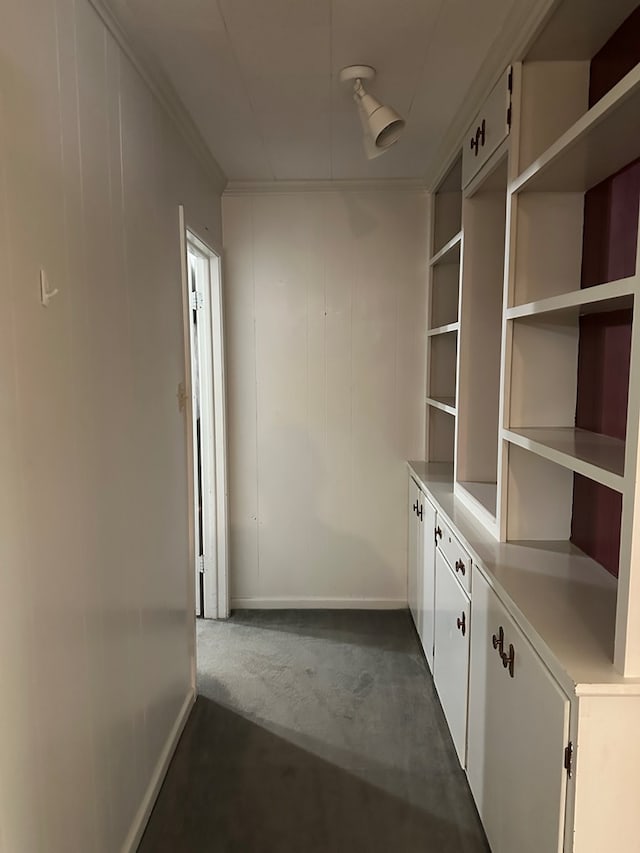 interior space with ornamental molding and dark colored carpet