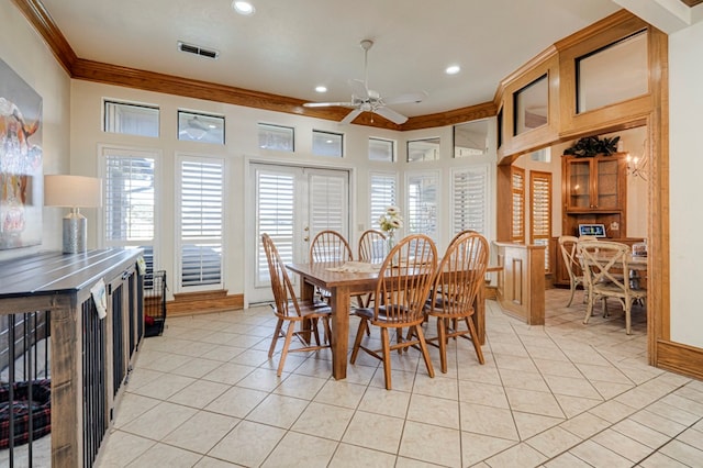 dining area with recessed lighting, light tile patterned floors, crown molding, visible vents, and ceiling fan