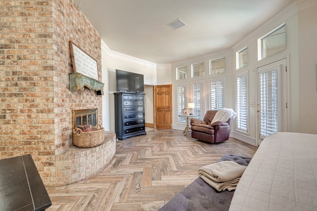 living room with a fireplace, visible vents, baseboards, and crown molding