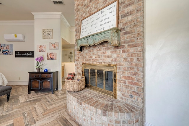 living area with a fireplace, visible vents, baseboards, and crown molding