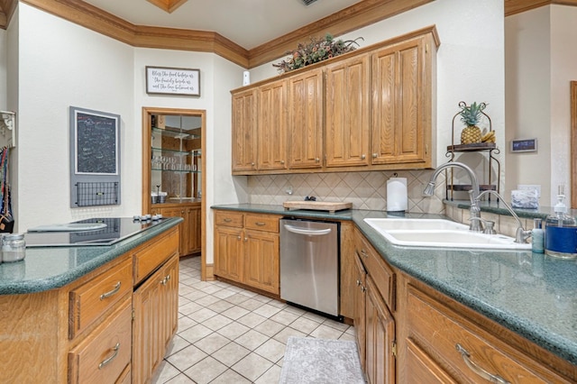kitchen featuring dishwasher, a sink, crown molding, black electric stovetop, and backsplash
