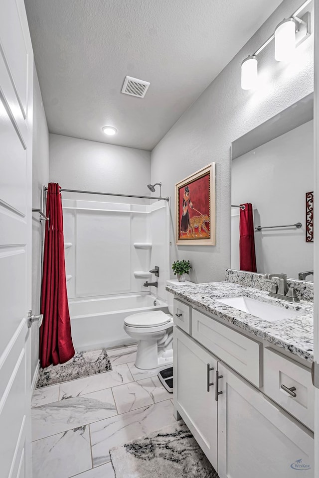 full bath with vanity, visible vents, a textured ceiling, marble finish floor, and shower / tub combo with curtain