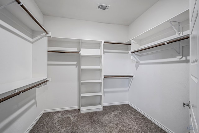 spacious closet with visible vents and dark colored carpet