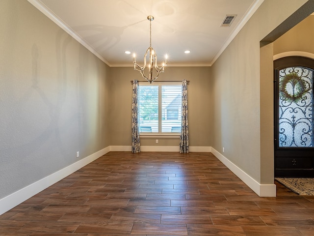 interior space featuring recessed lighting, a notable chandelier, visible vents, ornamental molding, and dark wood finished floors