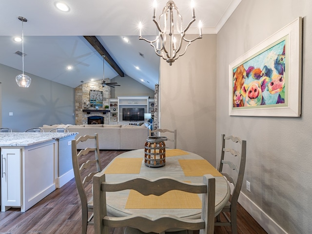 dining space with dark wood-style floors, a fireplace, vaulted ceiling with beams, visible vents, and ceiling fan with notable chandelier