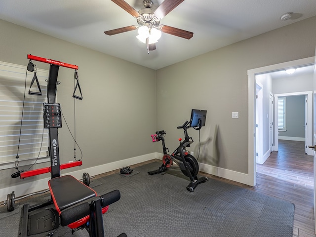 workout area with wood finished floors, ceiling fan, and baseboards
