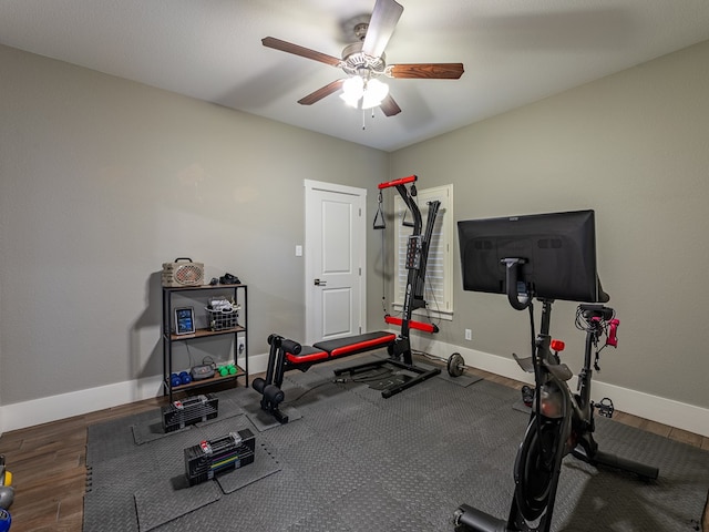 exercise room with wood finished floors, ceiling fan, and baseboards