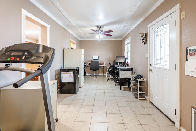 tiled office space with crown molding and ceiling fan