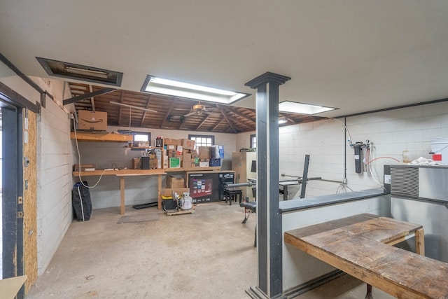 basement with a workshop area