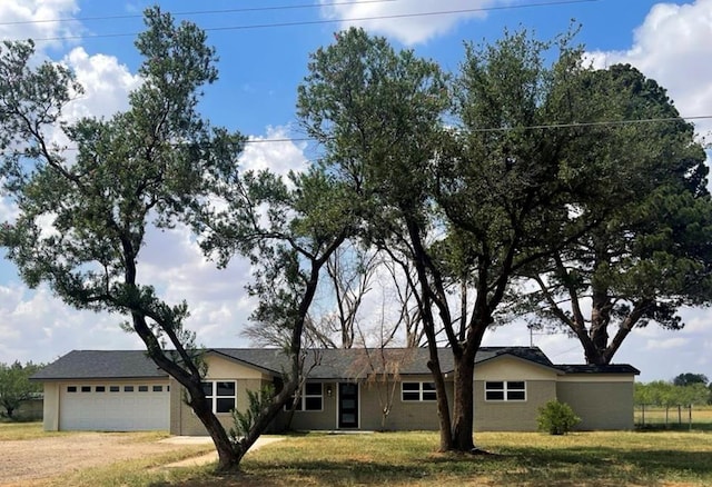 single story home featuring a garage and a front lawn