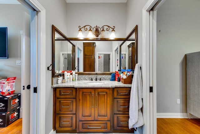 bathroom featuring vanity and wood-type flooring