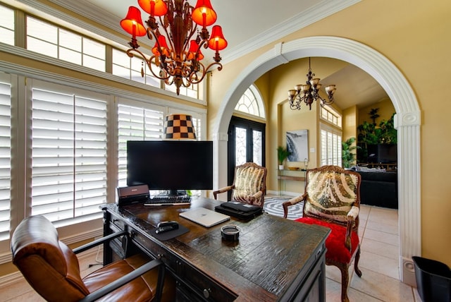 office space with french doors, crown molding, light tile patterned floors, and a chandelier