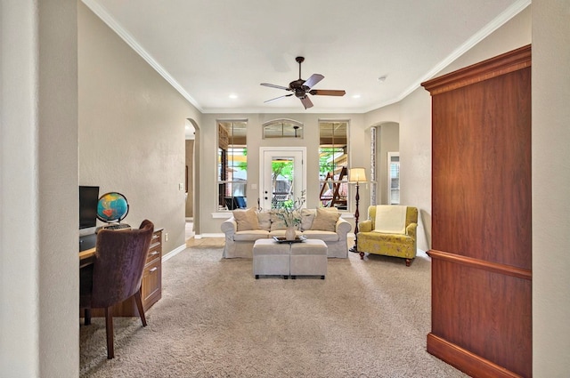1302 Telluride Dr, Midland, TX 79705 - living room featuring arched walkways, carpet, recessed lighting, ceiling fan, and baseboards