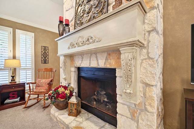1302 Telluride Dr, Midland, TX 79705 - detailed view of a fireplace, ornamental molding, and carpet floors