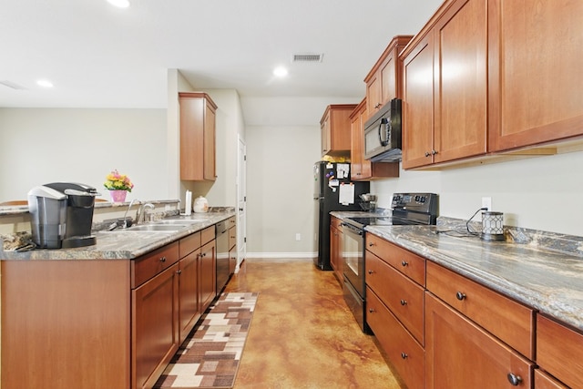 1601 Monterrey Dr, Midland, TX 79703 - kitchen with range with electric stovetop, black microwave, concrete floors, a sink, and dishwasher
