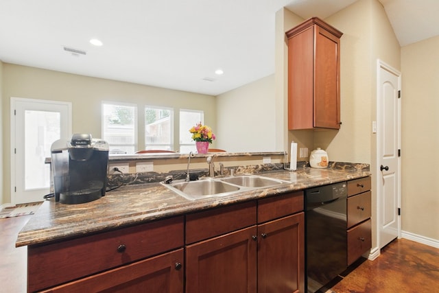 1601 Monterrey Dr, Midland, TX 79703 - kitchen featuring a sink, dishwasher, dark countertops, baseboards, and recessed lighting