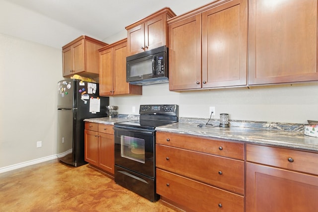 1601 Monterrey Dr, Midland, TX 79703 - kitchen with black appliances, baseboards, brown cabinets, and stone countertops