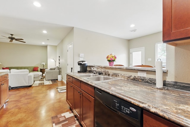 1601 Monterrey Dr, Midland, TX 79703 - kitchen featuring black dishwasher, a sink, concrete flooring, recessed lighting, and a ceiling fan