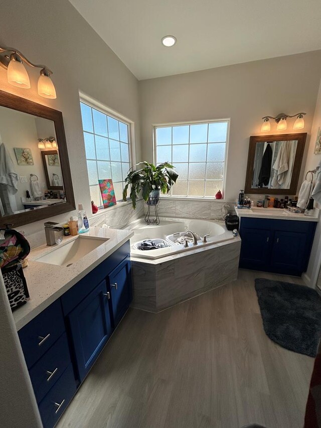 bathroom with a washtub, hardwood / wood-style floors, and vanity