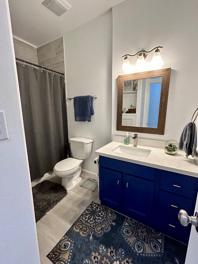 bathroom featuring vanity, curtained shower, toilet, and wood-type flooring