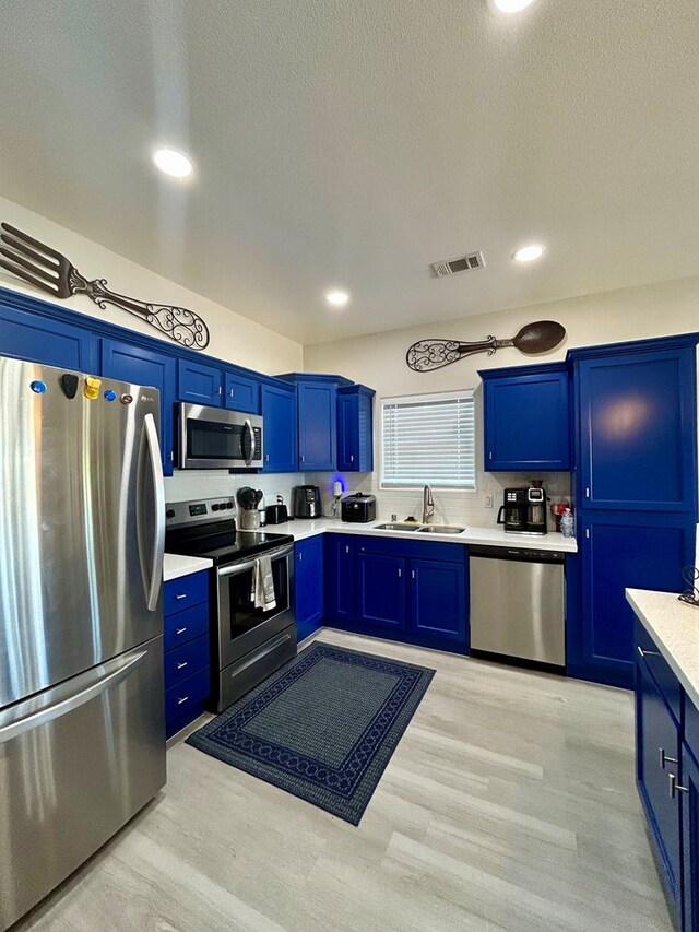 kitchen with blue cabinetry, sink, stainless steel appliances, and light wood-type flooring