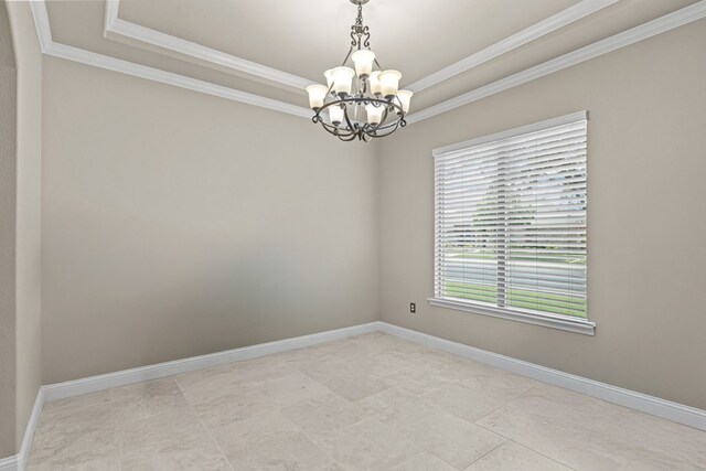3101 Fairfield Ln, Midland, TX 79705 - empty room featuring a chandelier, ornamental molding, a tray ceiling, and baseboards