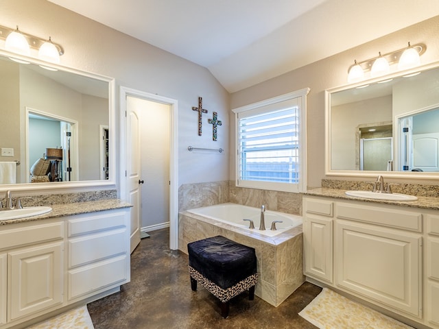 bathroom featuring lofted ceiling, plus walk in shower, concrete flooring, and vanity