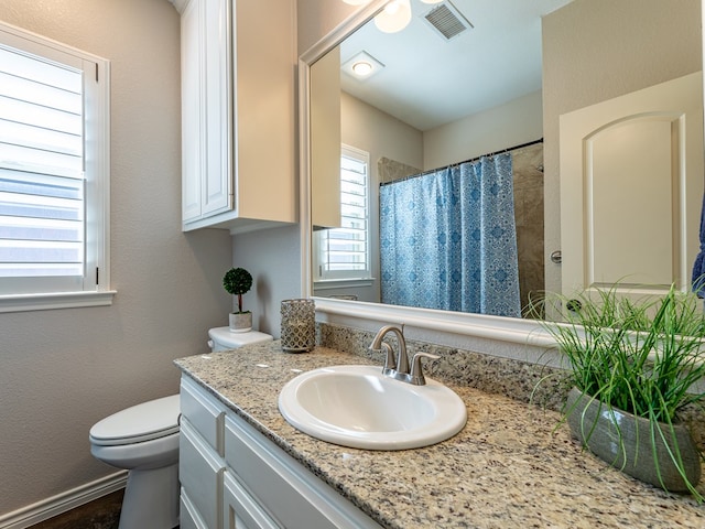 bathroom with vanity, curtained shower, and toilet