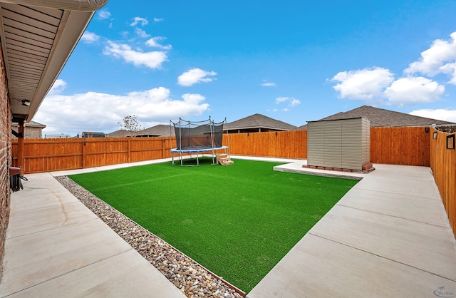 view of yard with a patio, a trampoline, and a storage unit